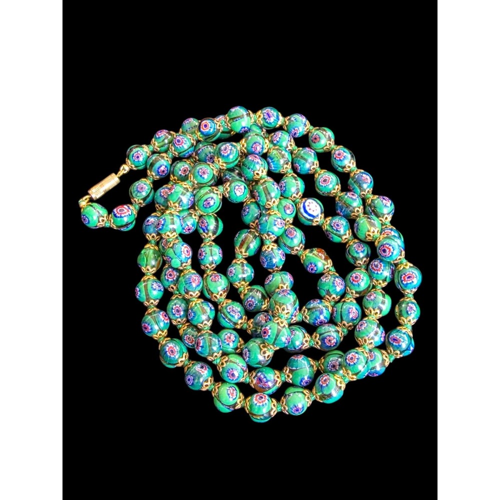 Murano Green Flapper Necklace Venetian Glass Millefiori Beads Hand Knotted 45"